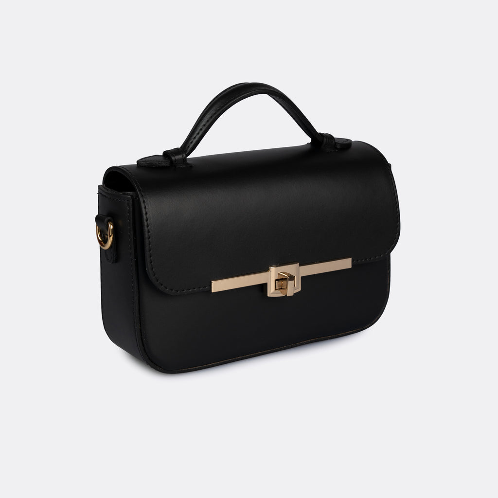 Capri top-handle bag in black Pelle Ruga leather with gold-tone turn-lock