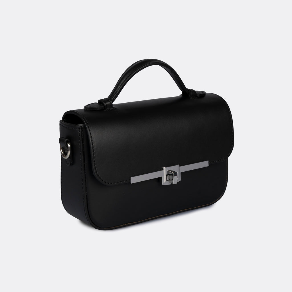 Capri top-handle bag in black Pelle Ruga leather with silver-tone turn-lock