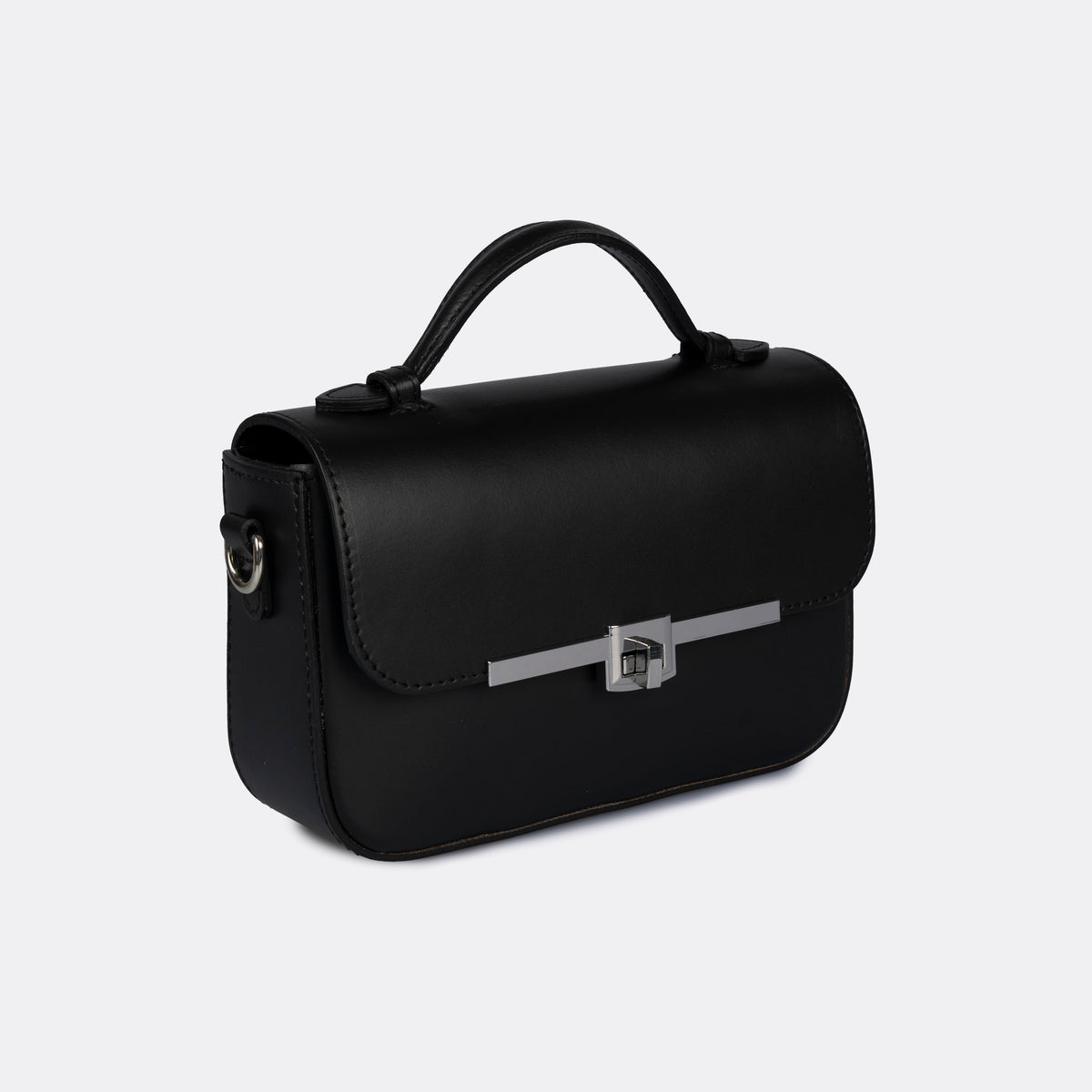 Capri top-handle bag in black Pelle Ruga leather with silver-tone turn-lock
