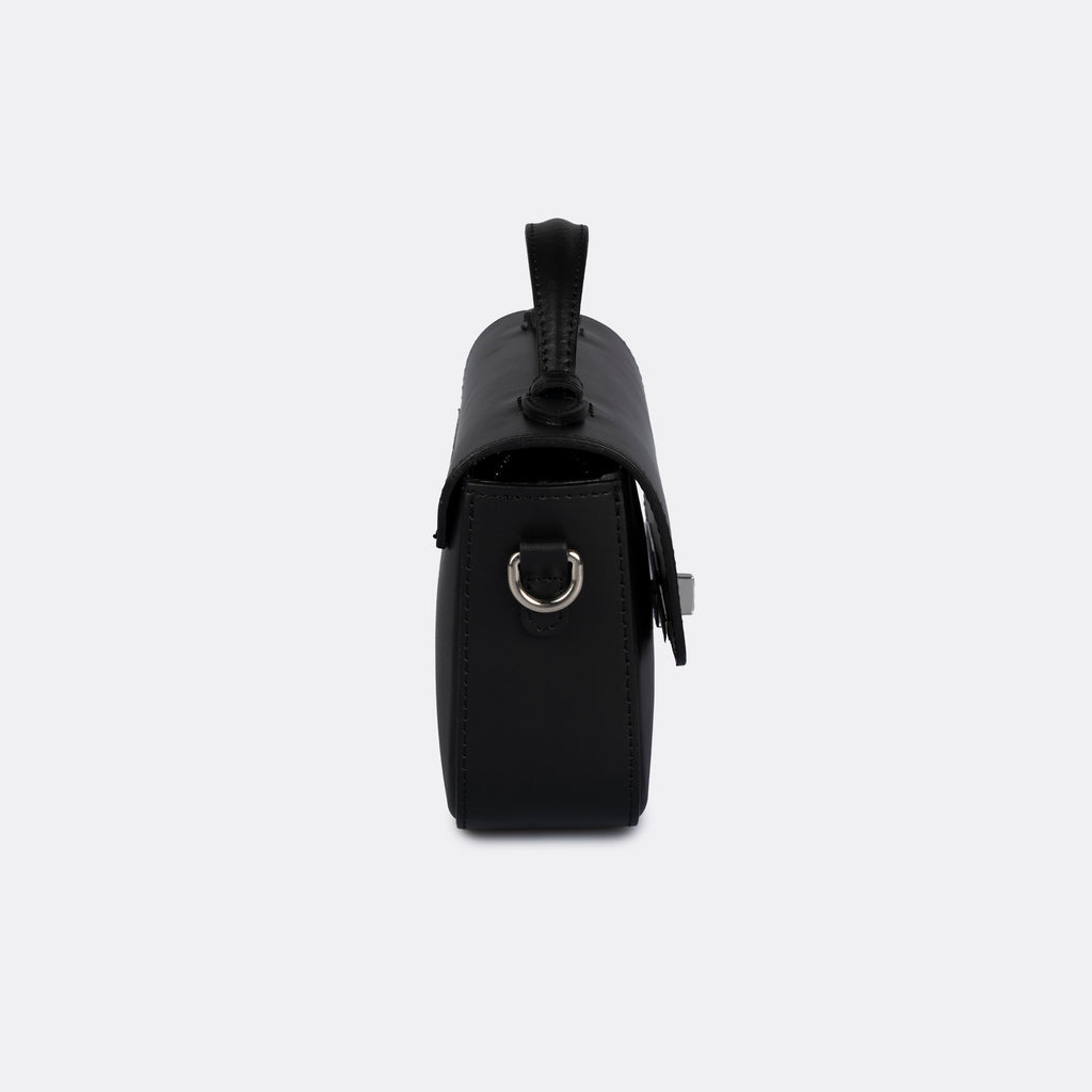 Black Italian leather top-handle bag with silver-tone hardware, the ARVÉRO Capri