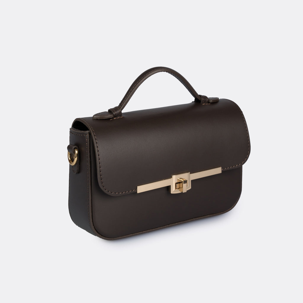 Capri top-handle bag in brown Pelle Ruga leather with gold-tone turn-lock