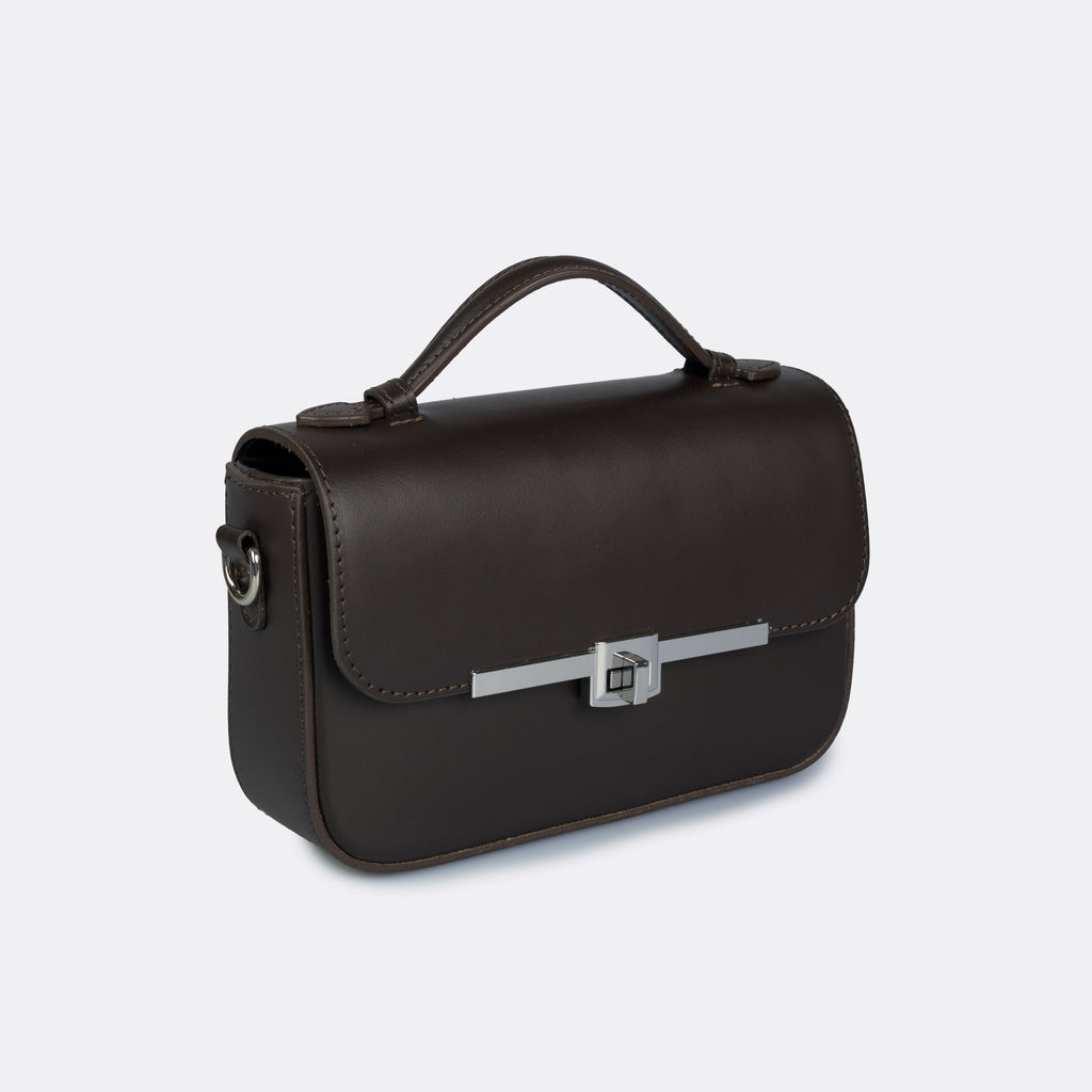 Capri top-handle bag in brown Pelle Ruga leather with silver-tone turn-lock