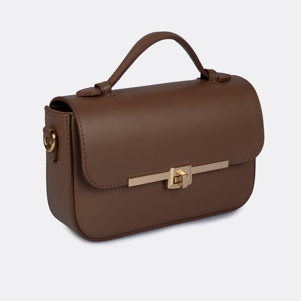 Capri top-handle bag in cognac Pelle Ruga leather with gold-tone turn-lock