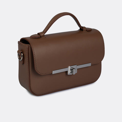 Capri top-handle bag in cognac Pelle Ruga leather with silver-tone turn-lock