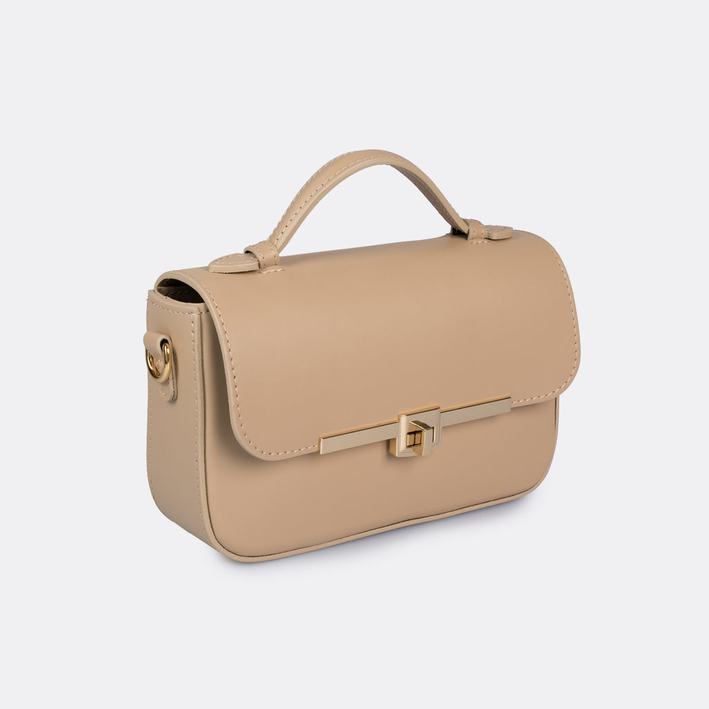 Capri top-handle bag in taupe Pelle Ruga leather with gold-tone turn-lock