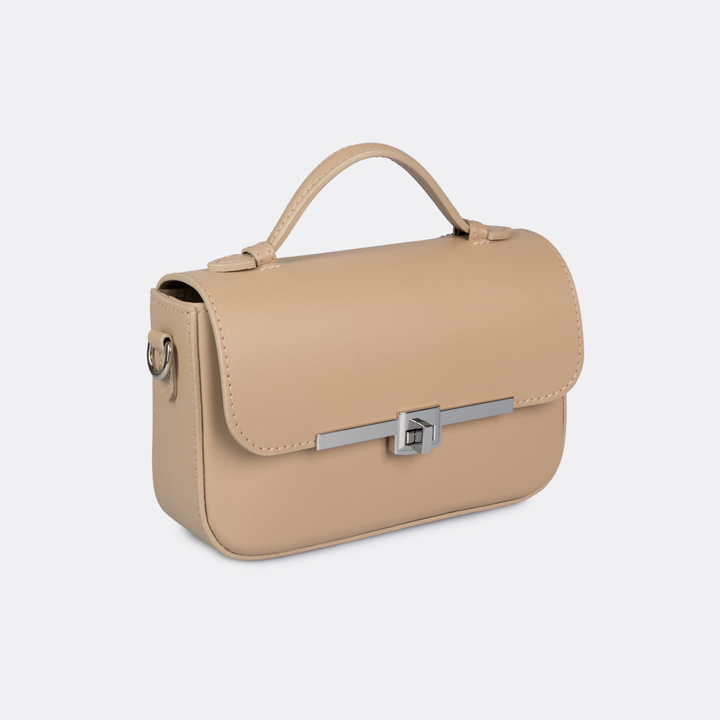 Capri top-handle bag in taupe Pelle Ruga leather with silver-tone turn-lock