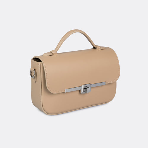 Capri top-handle bag in taupe Pelle Ruga leather with silver-tone turn-lock