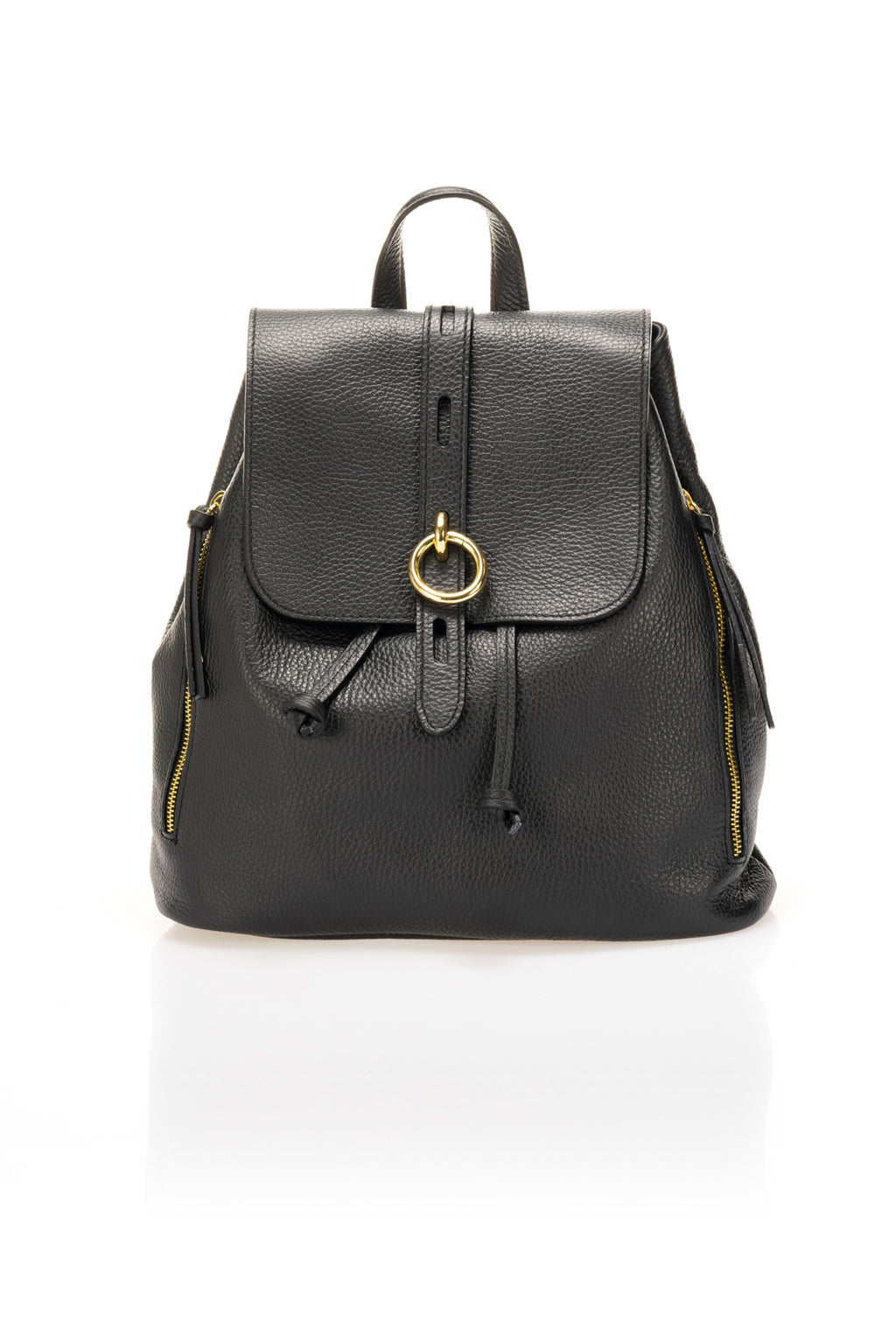 Vela Black Italian Leather Drawstring Backpack