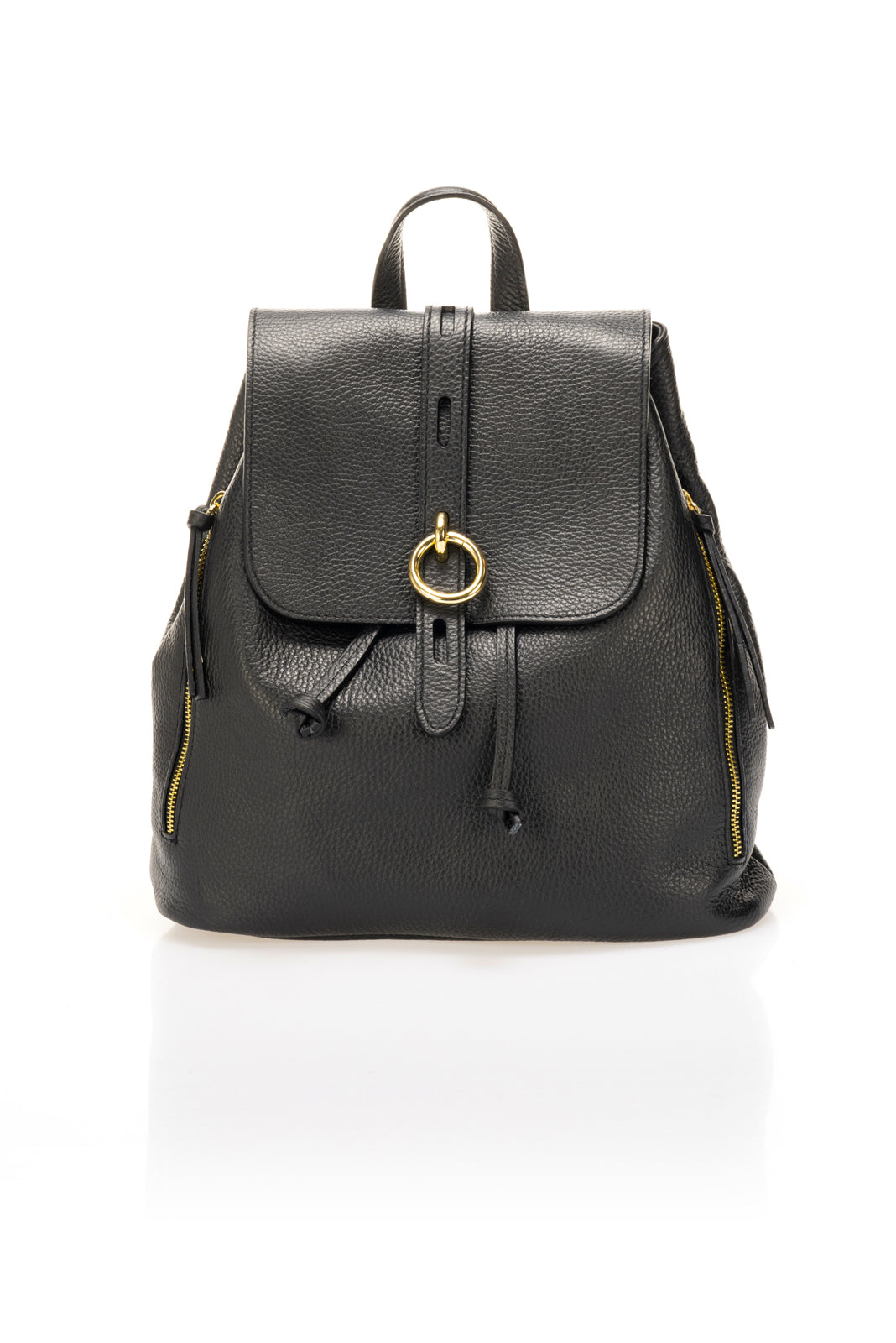 Vela Black Italian Leather Drawstring Backpack