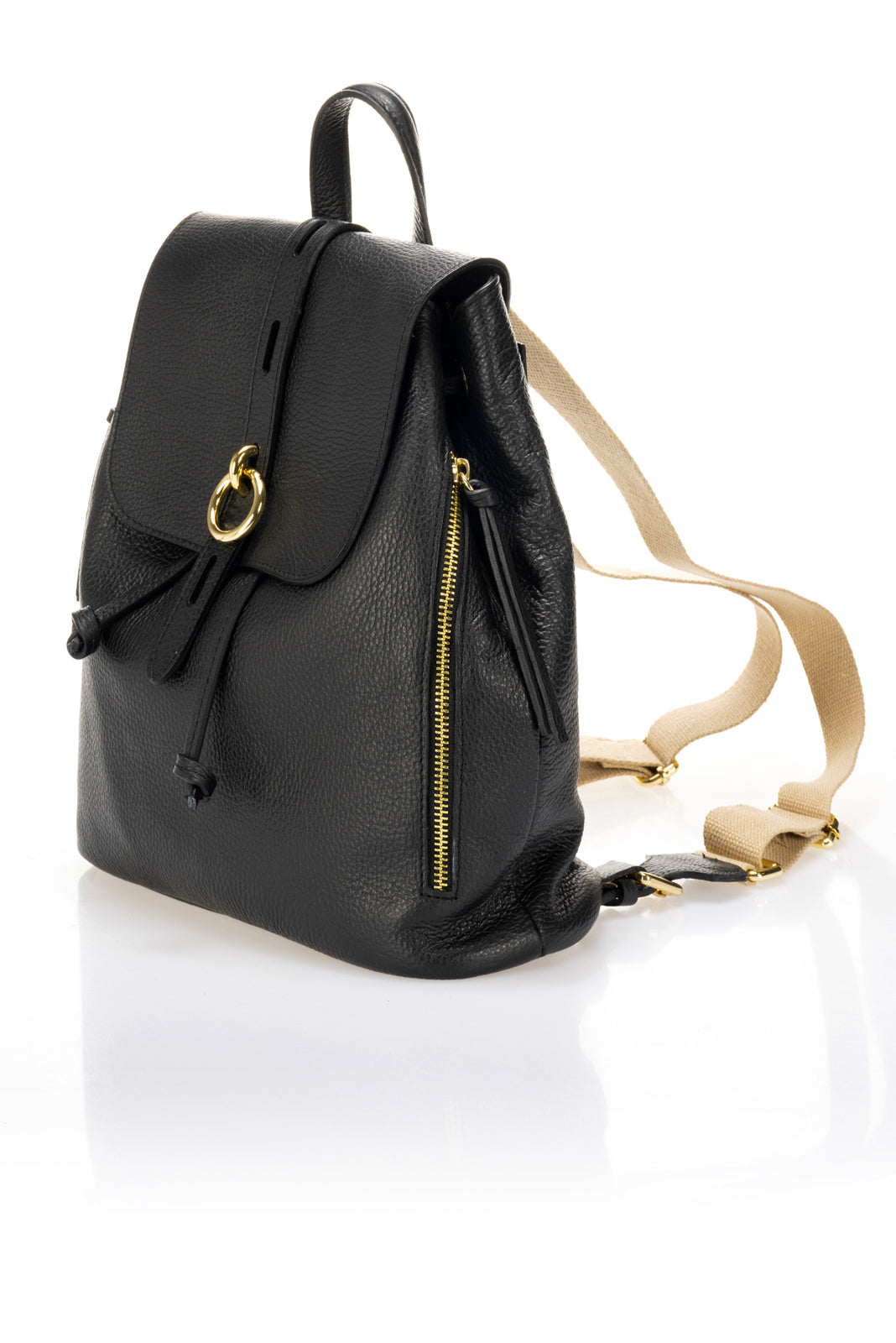 Vela Black Italian Leather Drawstring Backpack