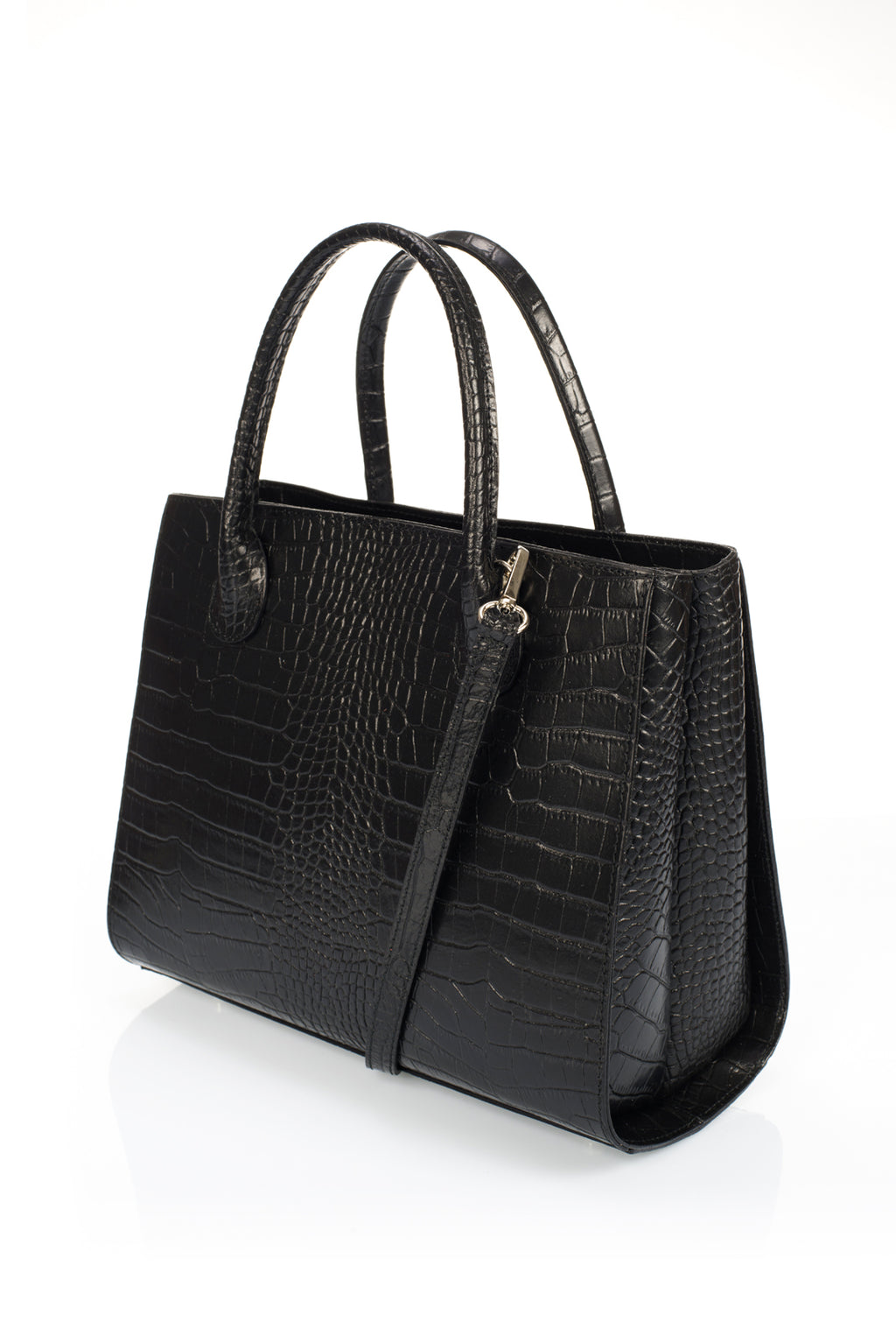 Liora Black Croc-Embossed Italian Leather Tote Bag