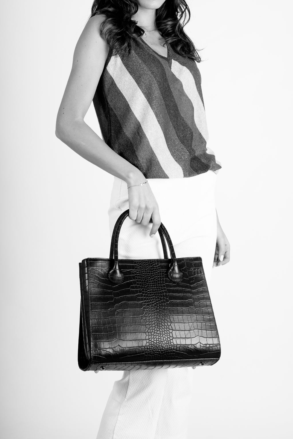 Liora Black Croc-Embossed Italian Leather Tote Bag
