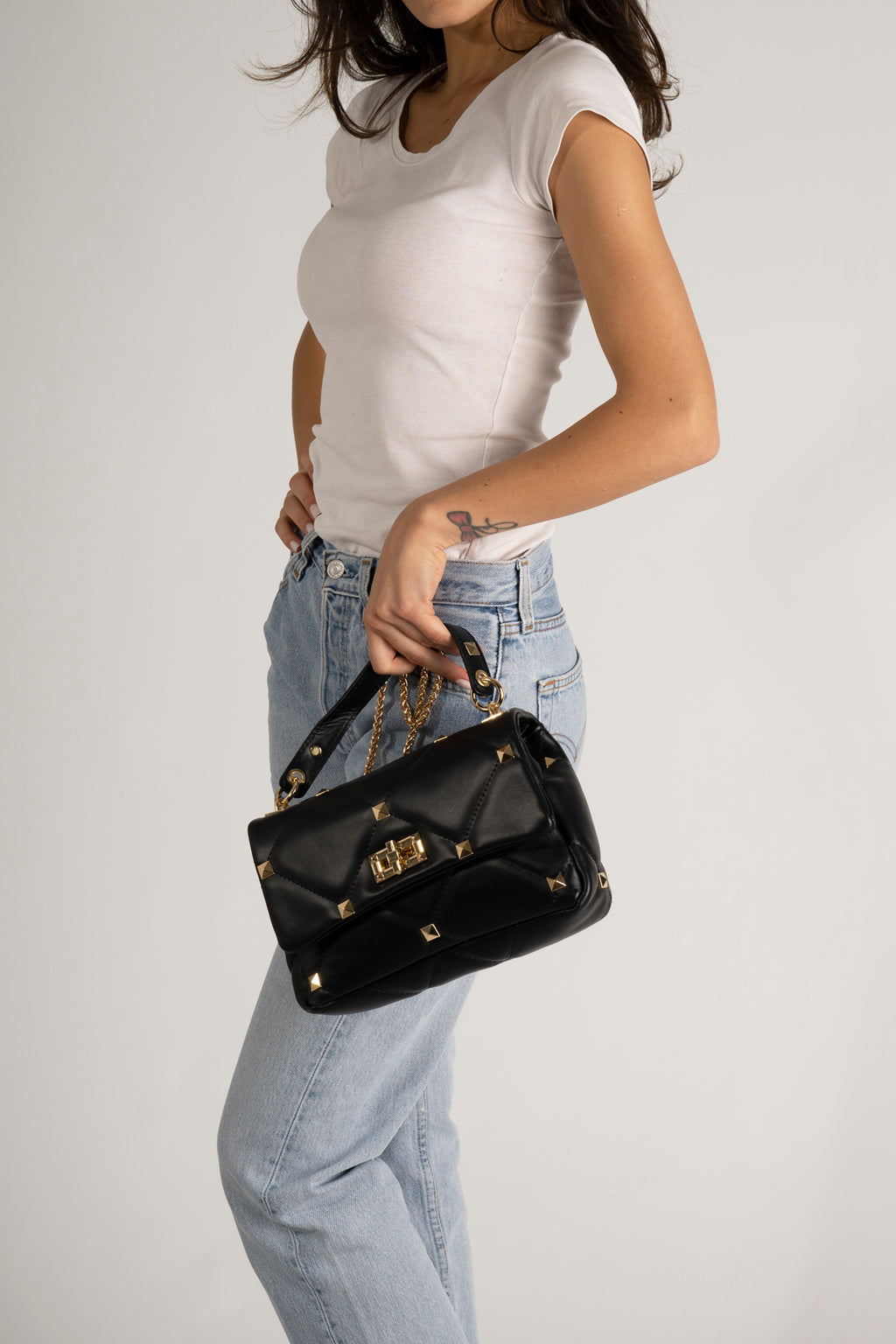 Lyra Black Italian Leather Quilted Top Handle Bag