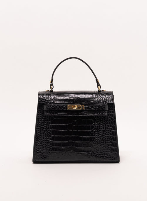 Firenze Top-Handle Satchel – Black Croc-Embossed Leather