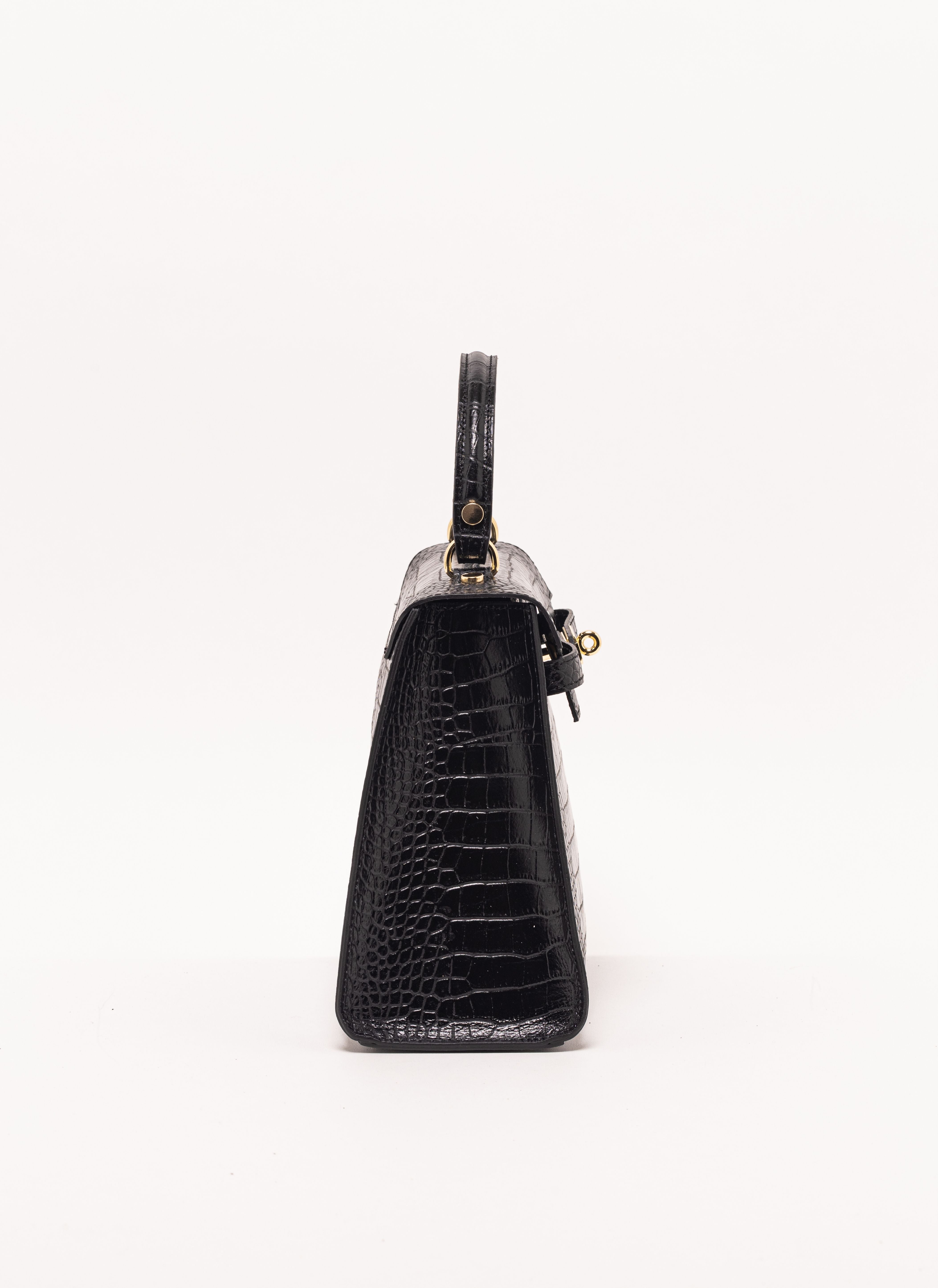 Firenze Top-Handle Satchel – Black Croc-Embossed Leather – ARVÉRO
