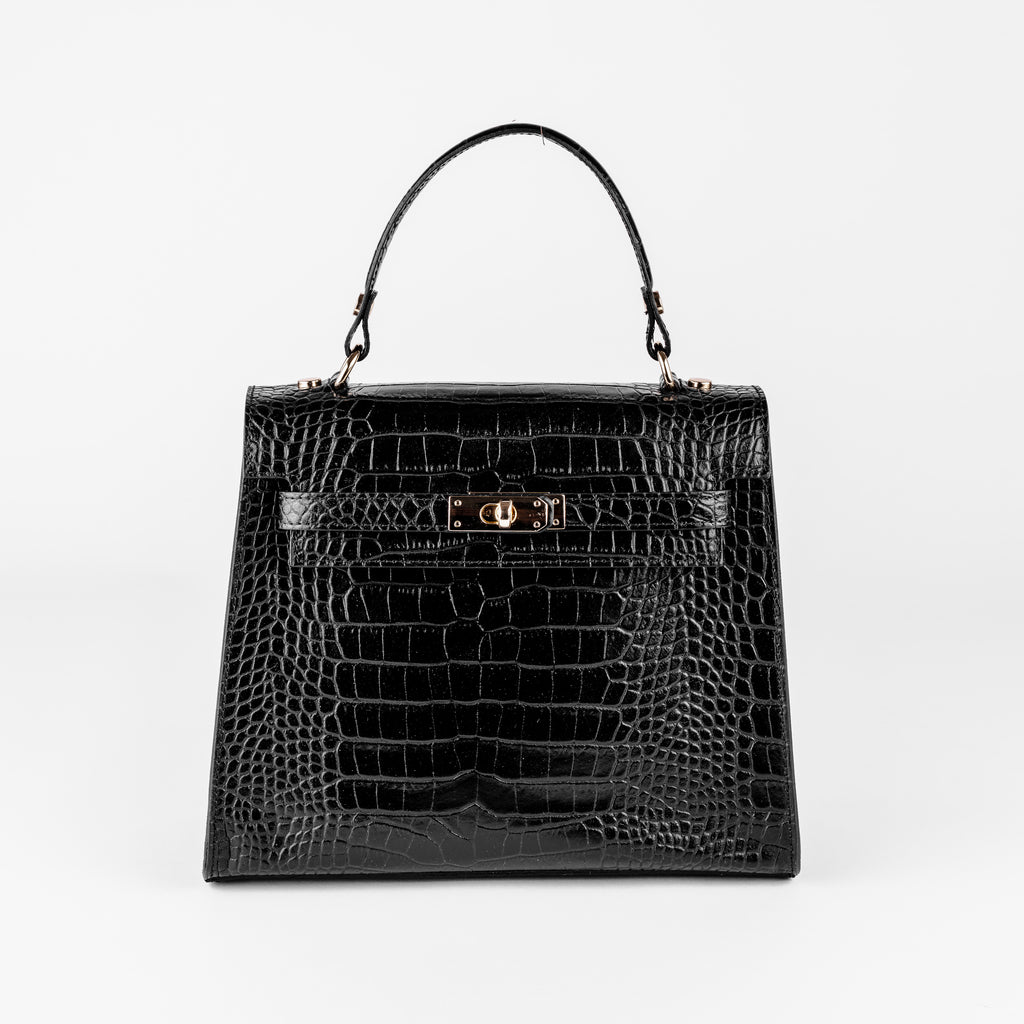Vicenza Grande Top-Handle Satchel – Black Croc-Embossed Leather