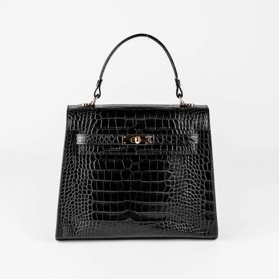 Vicenza Grande in black croc-embossed Italian leather with a gold-tone turn-lock by ARVÉRO
