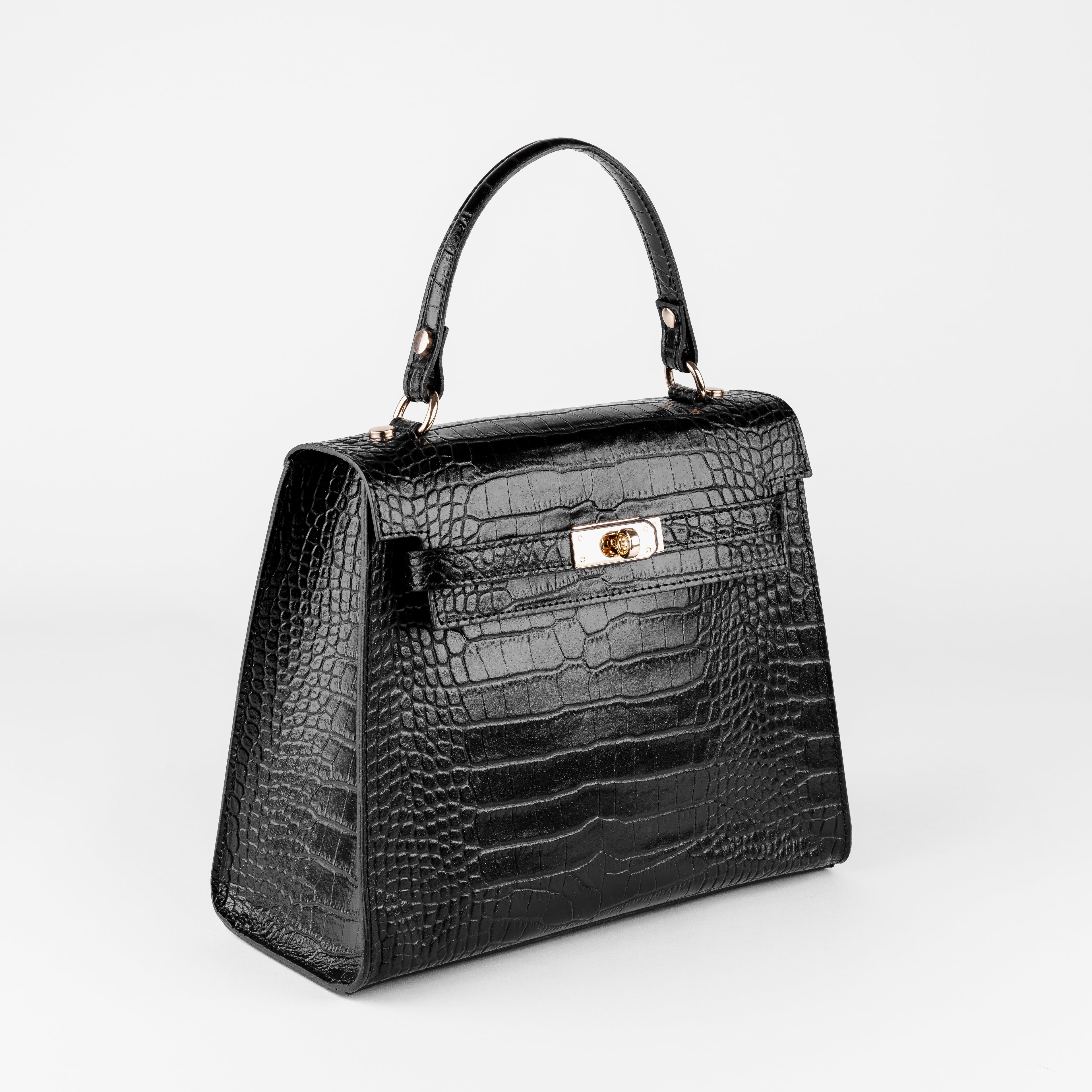 Vicenza Grande Top-Handle Satchel – Black Croc-Embossed Leather