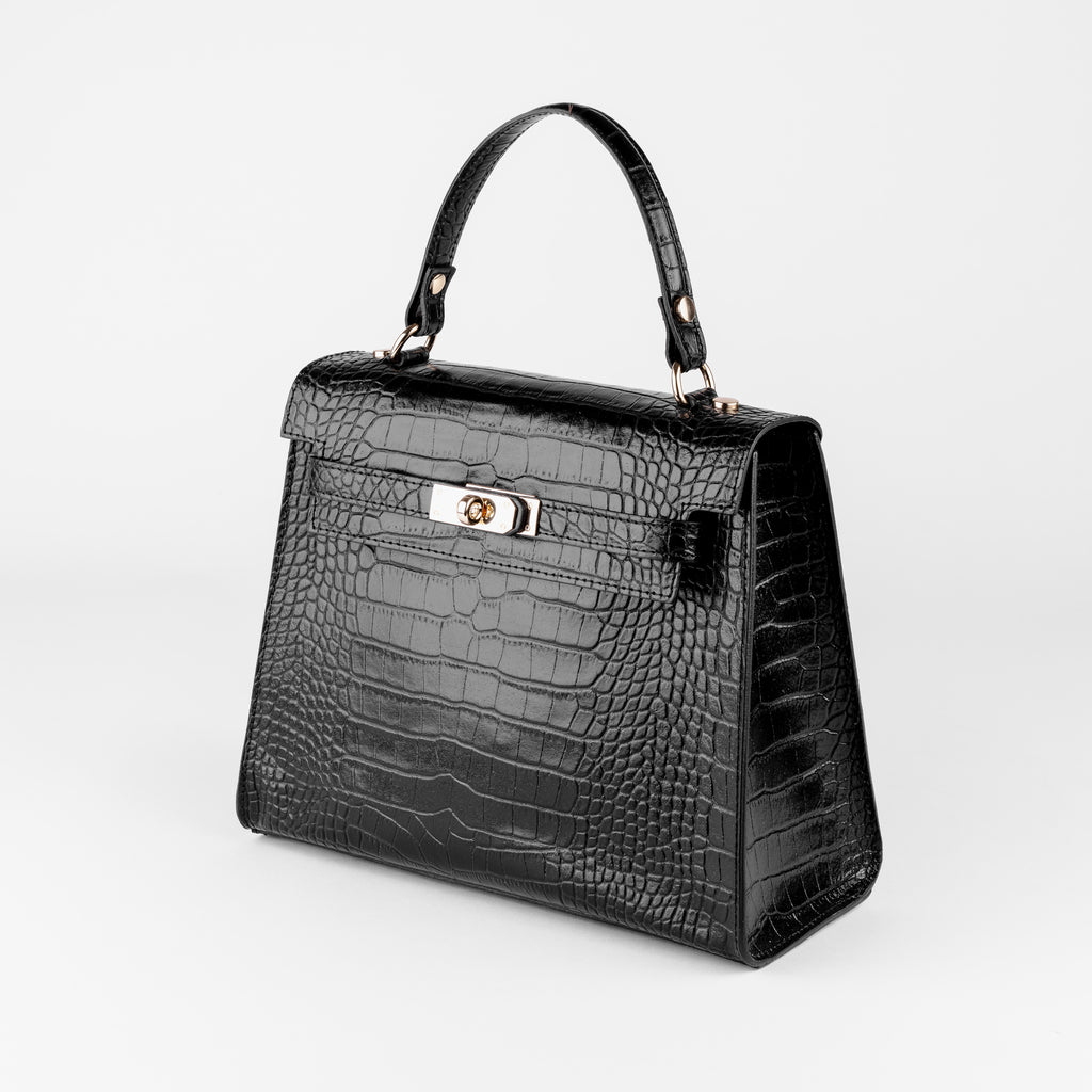 Vicenza Grande Top-Handle Satchel – Black Croc-Embossed Leather