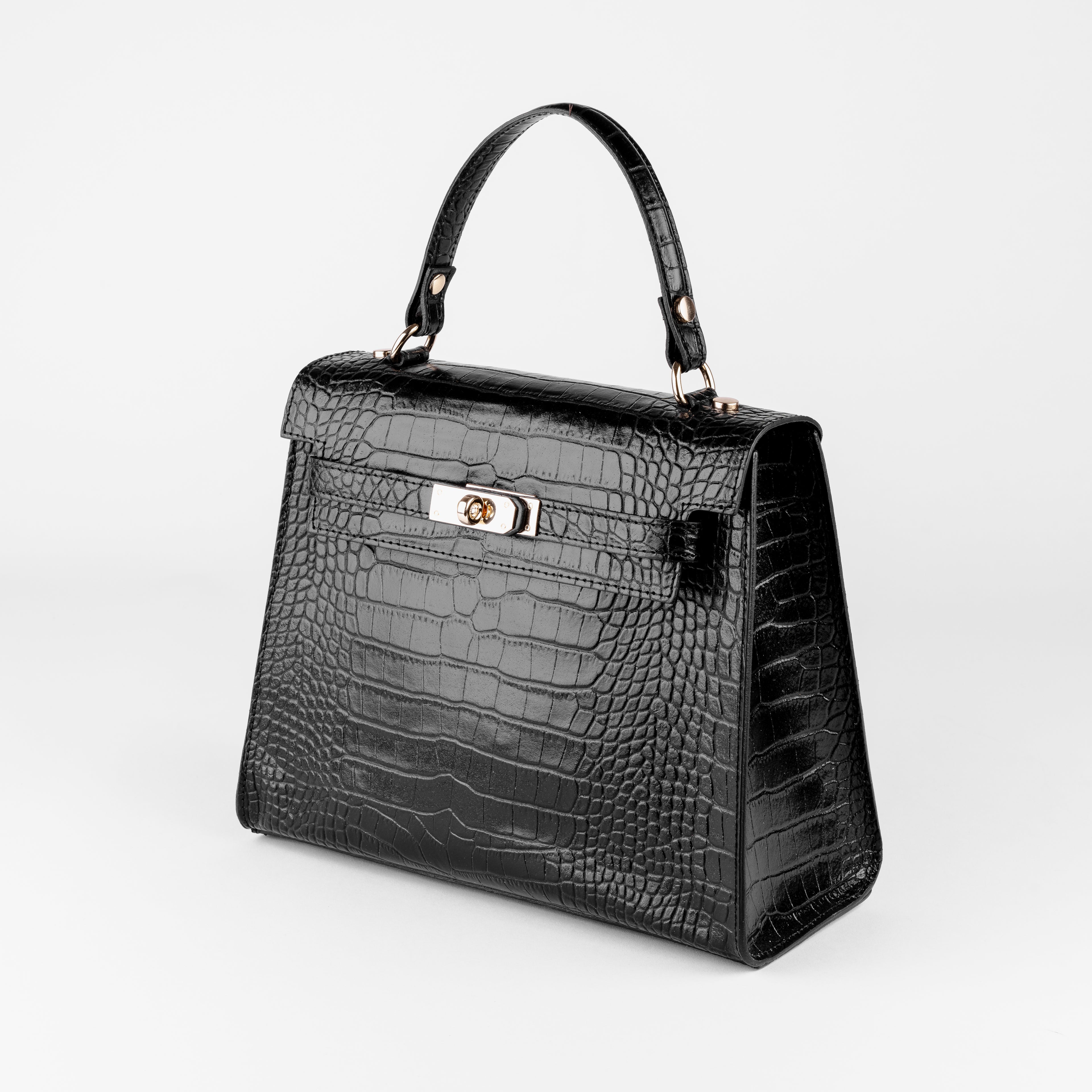 Vicenza Grande Top-Handle Satchel – Black Croc-Embossed Leather
