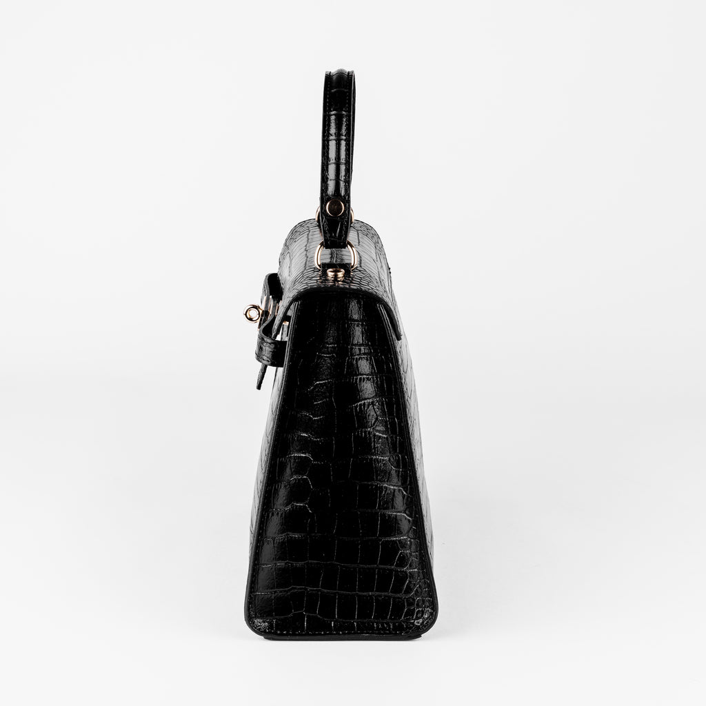Vicenza Grande Top-Handle Satchel – Black Croc-Embossed Leather