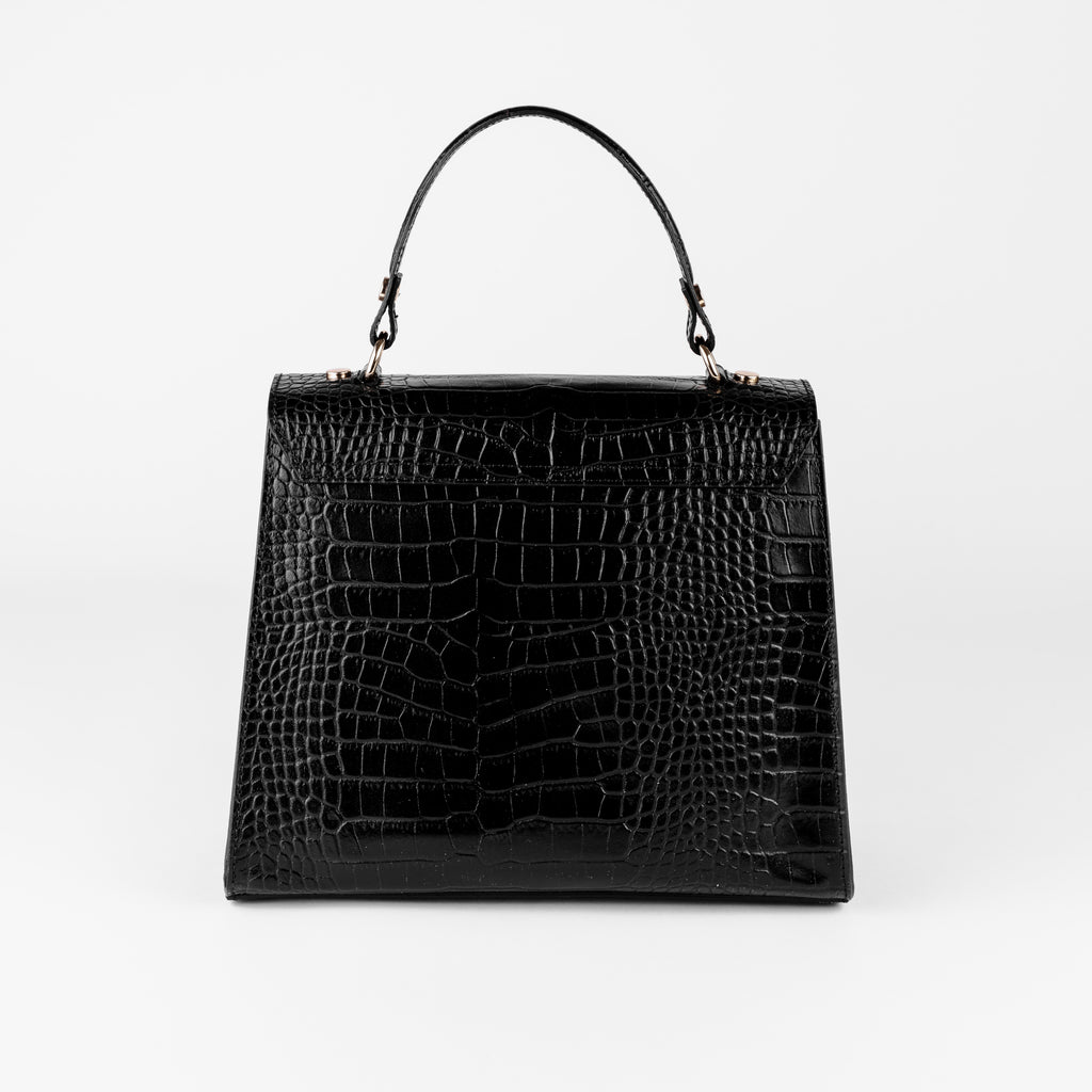 Vicenza Grande Top-Handle Satchel – Black Croc-Embossed Leather