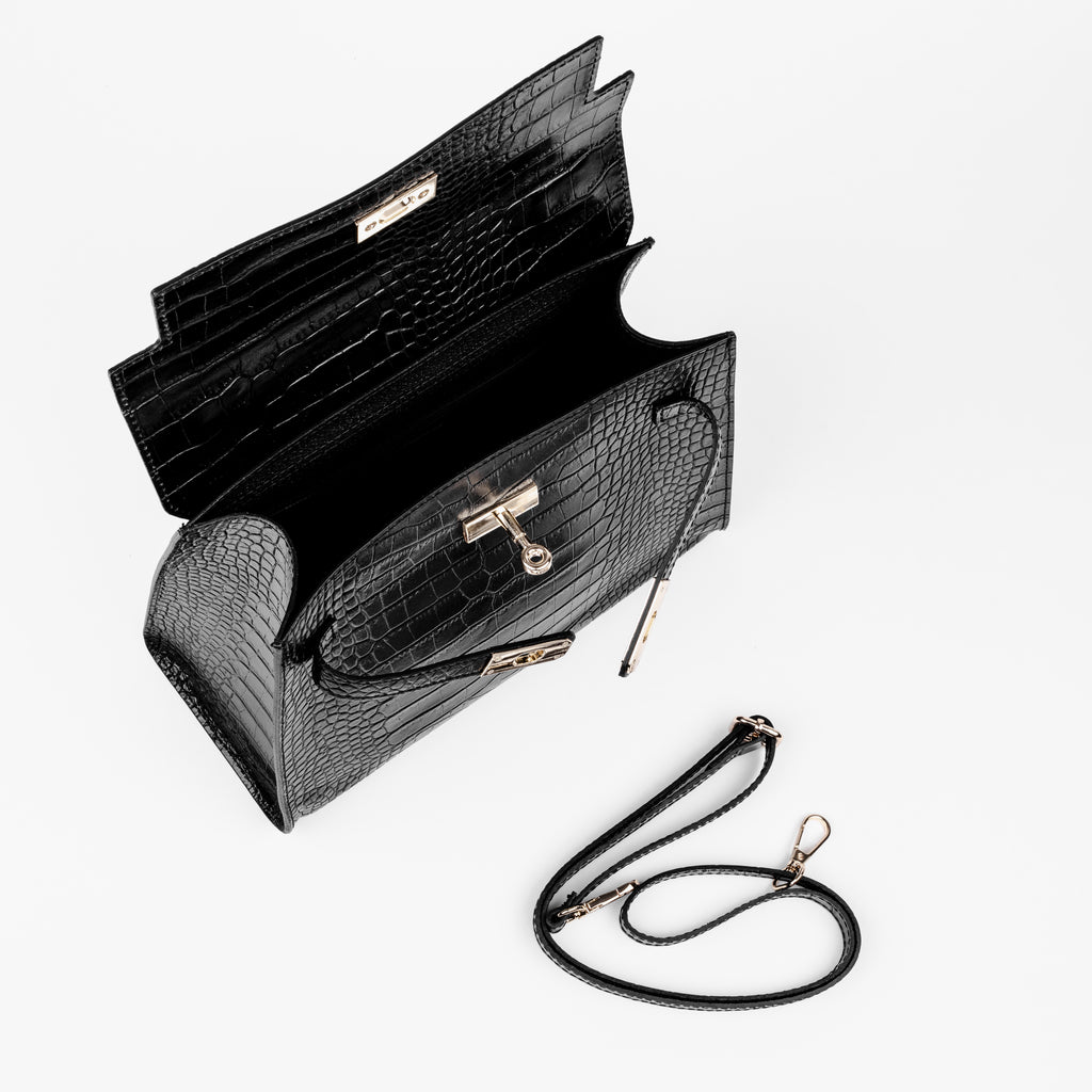 Vicenza Grande Top-Handle Satchel – Black Croc-Embossed Leather