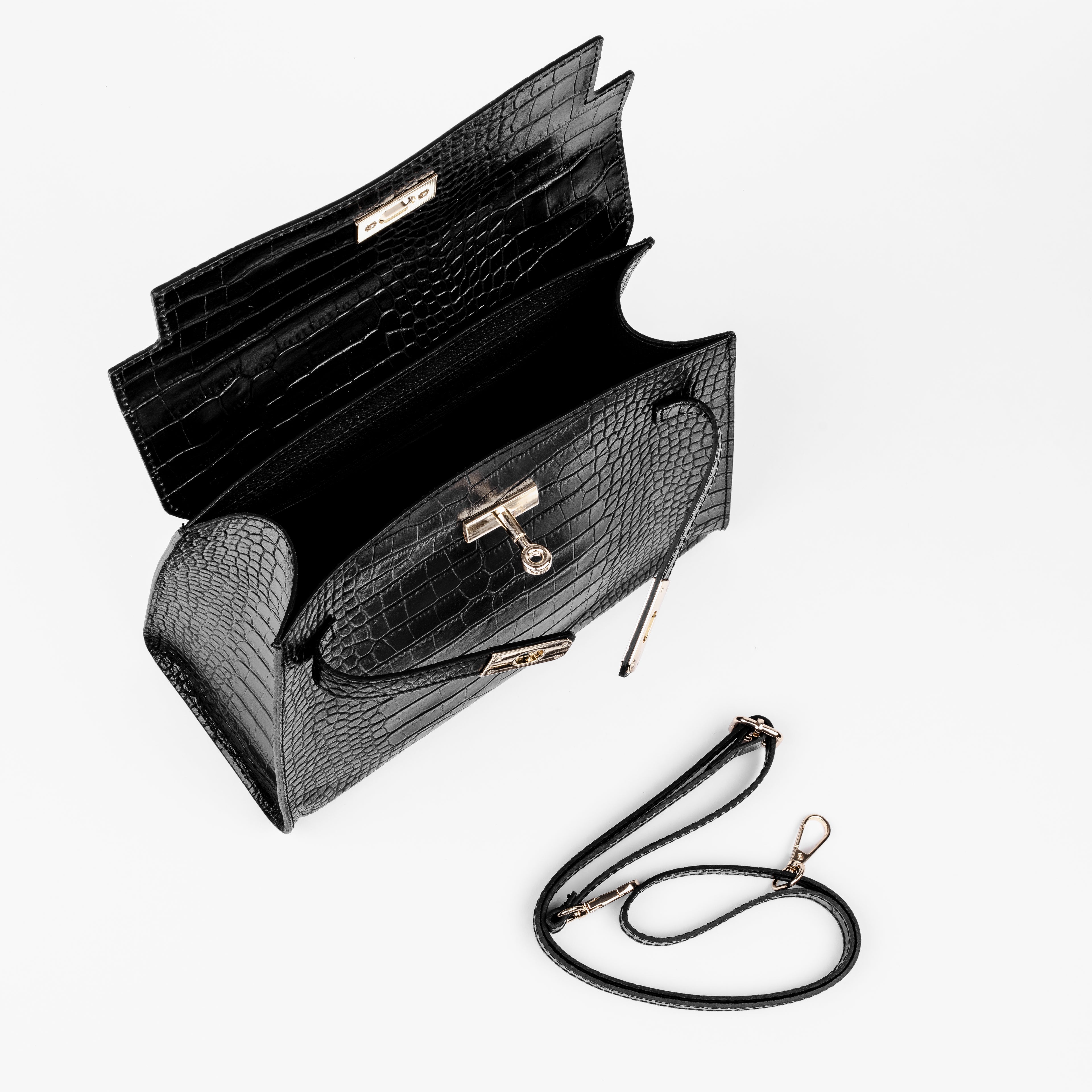 Vicenza Grande Top-Handle Satchel – Black Croc-Embossed Leather