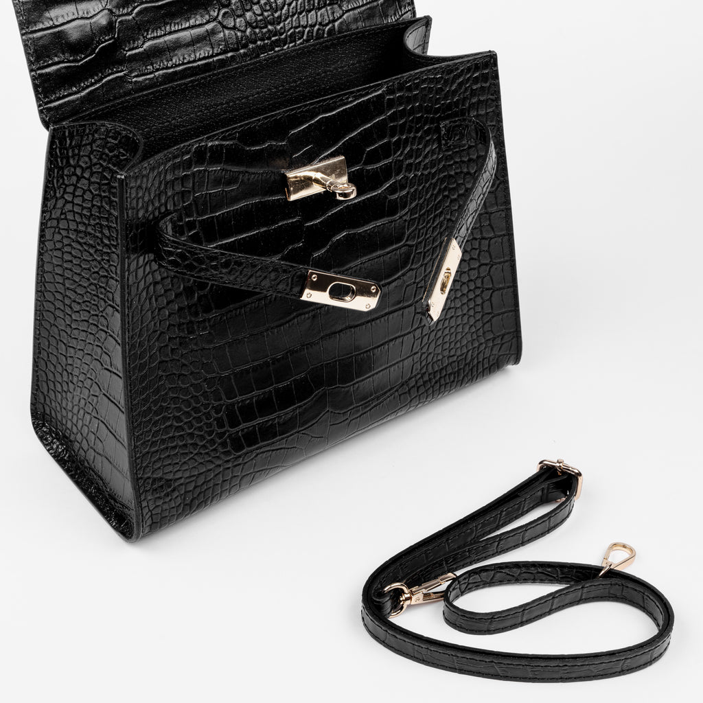 Vicenza Grande Top-Handle Satchel – Black Croc-Embossed Leather