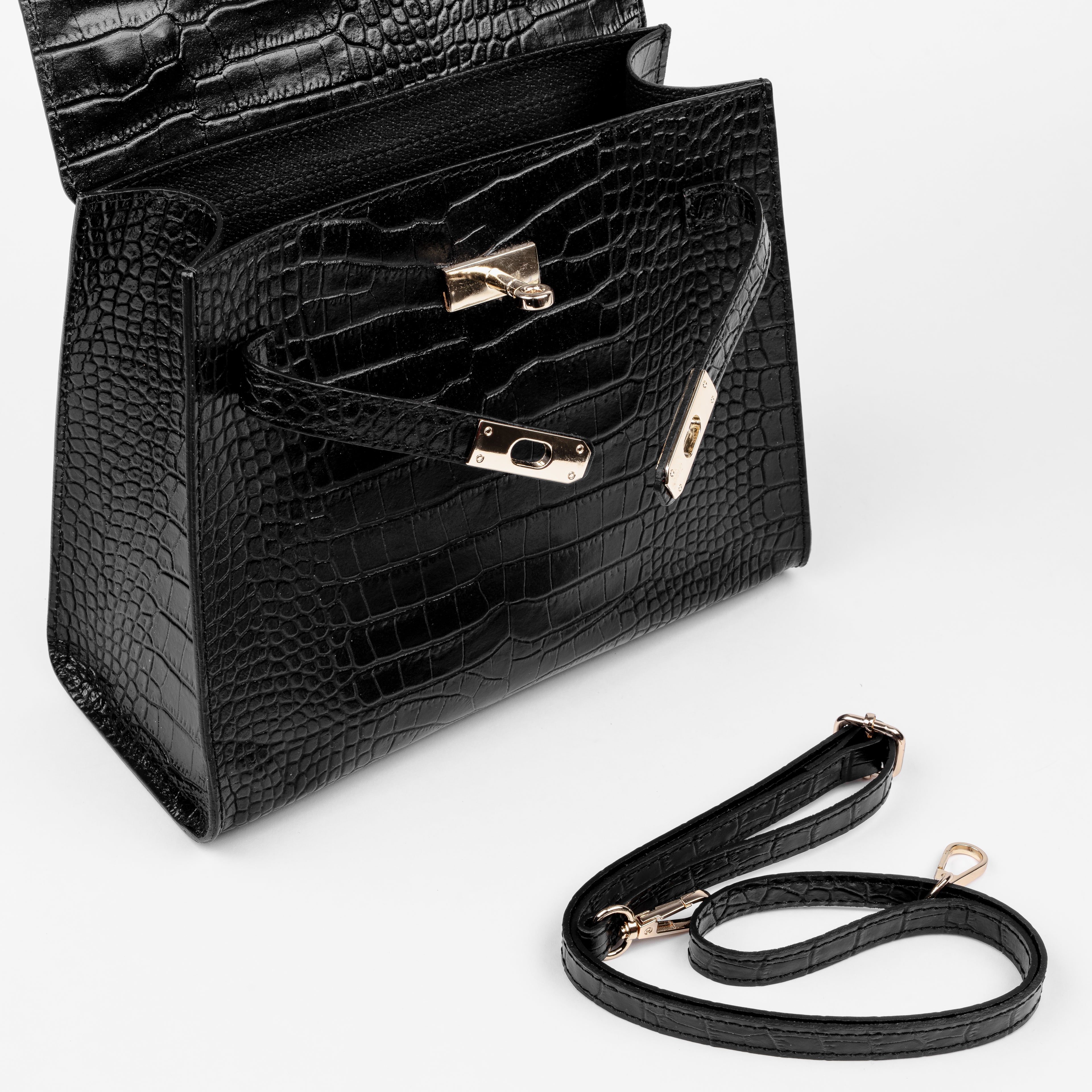 Vicenza Grande Top-Handle Satchel – Black Croc-Embossed Leather