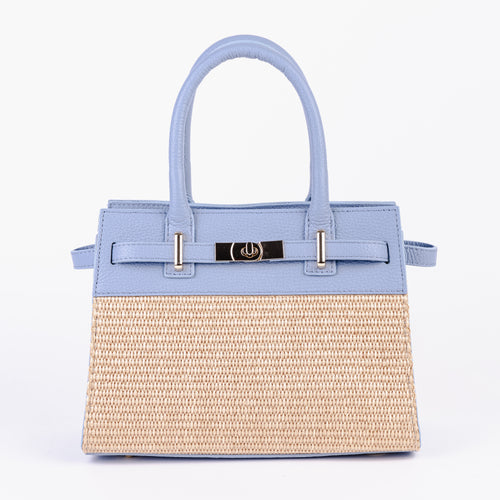 Mini Riviera in sky blue handwoven raffia with Italian leather details and gold-tone hardware by ARVÉRO