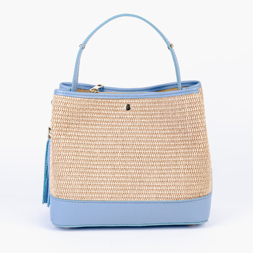 Capri Tote in sky blue handwoven raffia with Italian leather accents by ARVÉRO