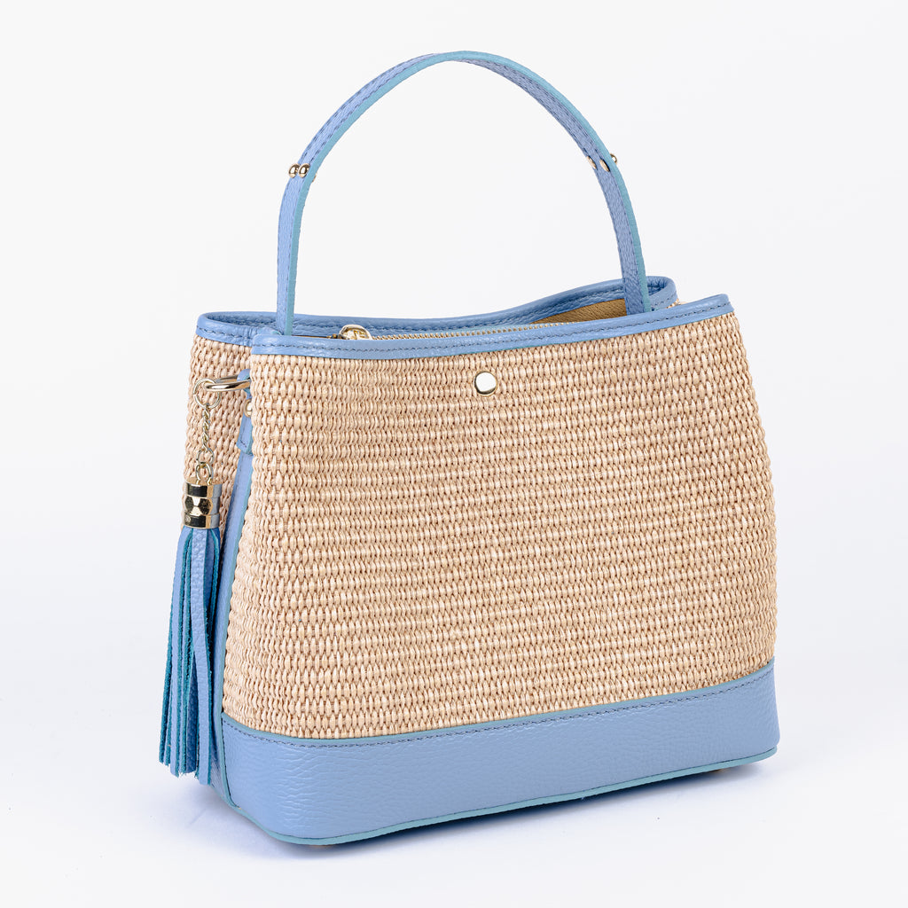 ARVÉRO Capri Tote – Sky Blue Raffia & Italian Leather