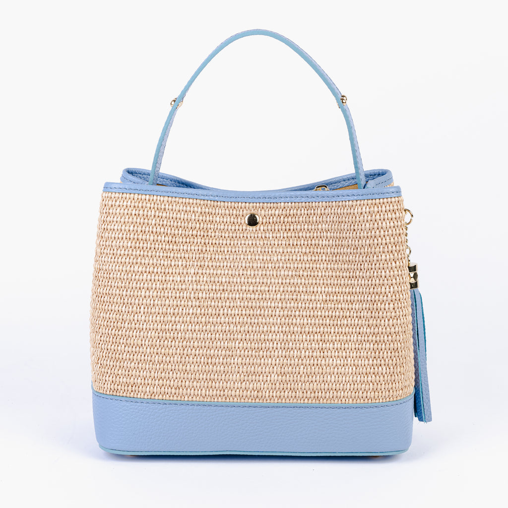 ARVÉRO Capri Tote – Sky Blue Raffia & Italian Leather