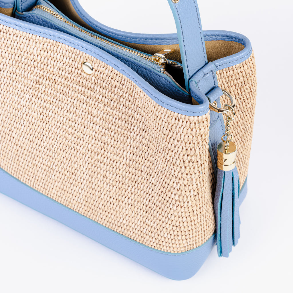 ARVÉRO Capri Tote – Sky Blue Raffia & Italian Leather