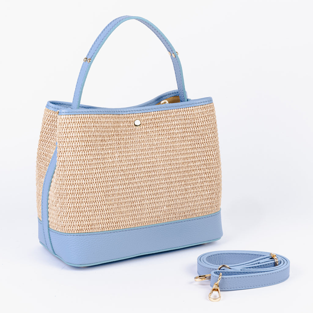 ARVÉRO Capri Tote – Sky Blue Raffia & Italian Leather