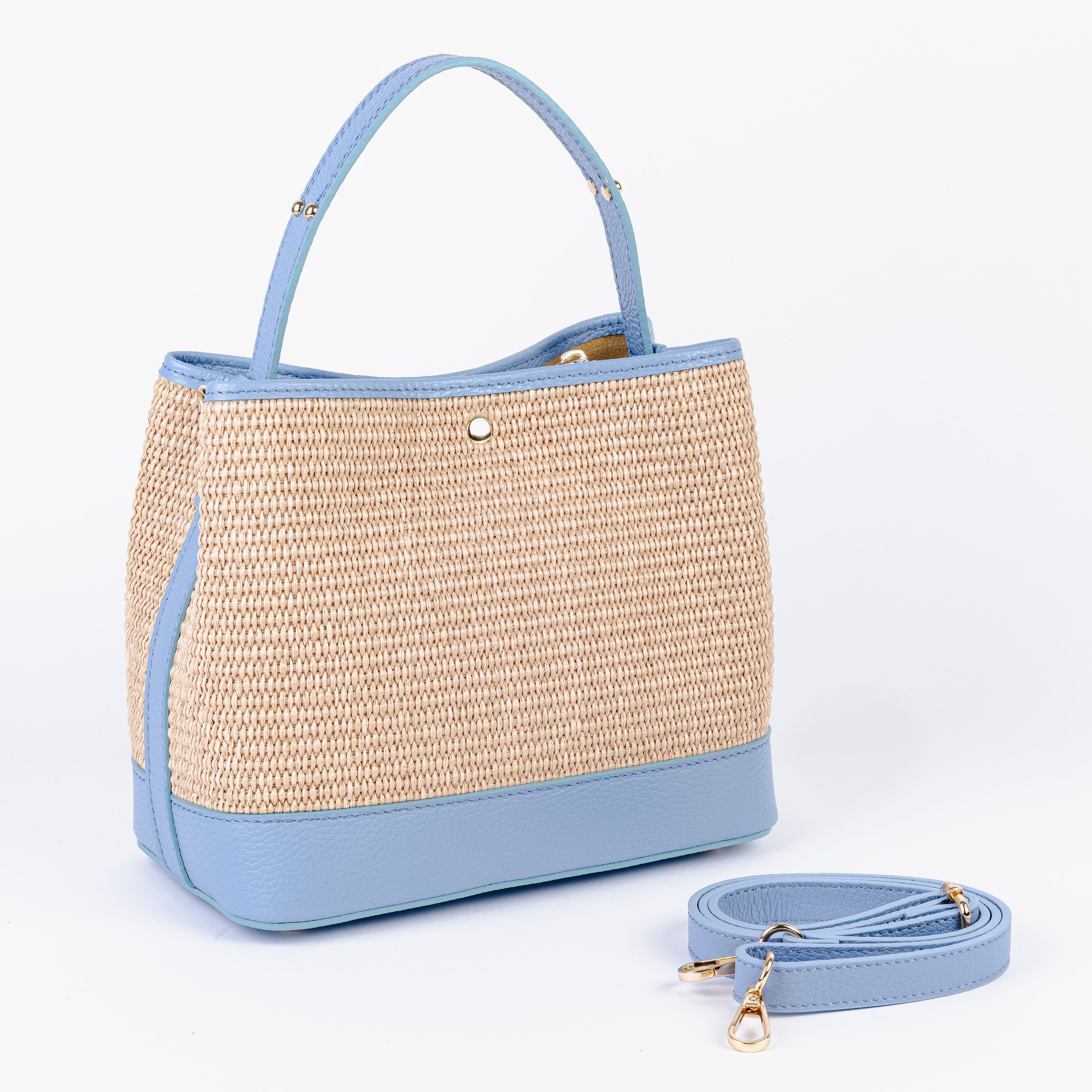 ARVÉRO Capri Tote – Sky Blue Raffia & Italian Leather