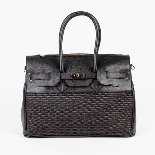 Riviera Structured Bag in black raffia with Italian leather trim and gold-tone hardware by ARVÉRO