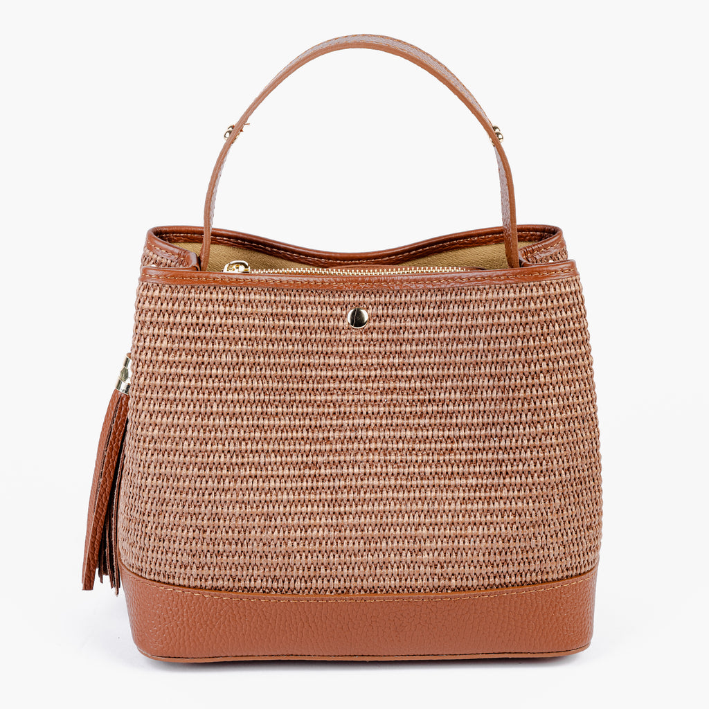 ARVÉRO Siena Bucket – Raffia & Cognac Italian Leather