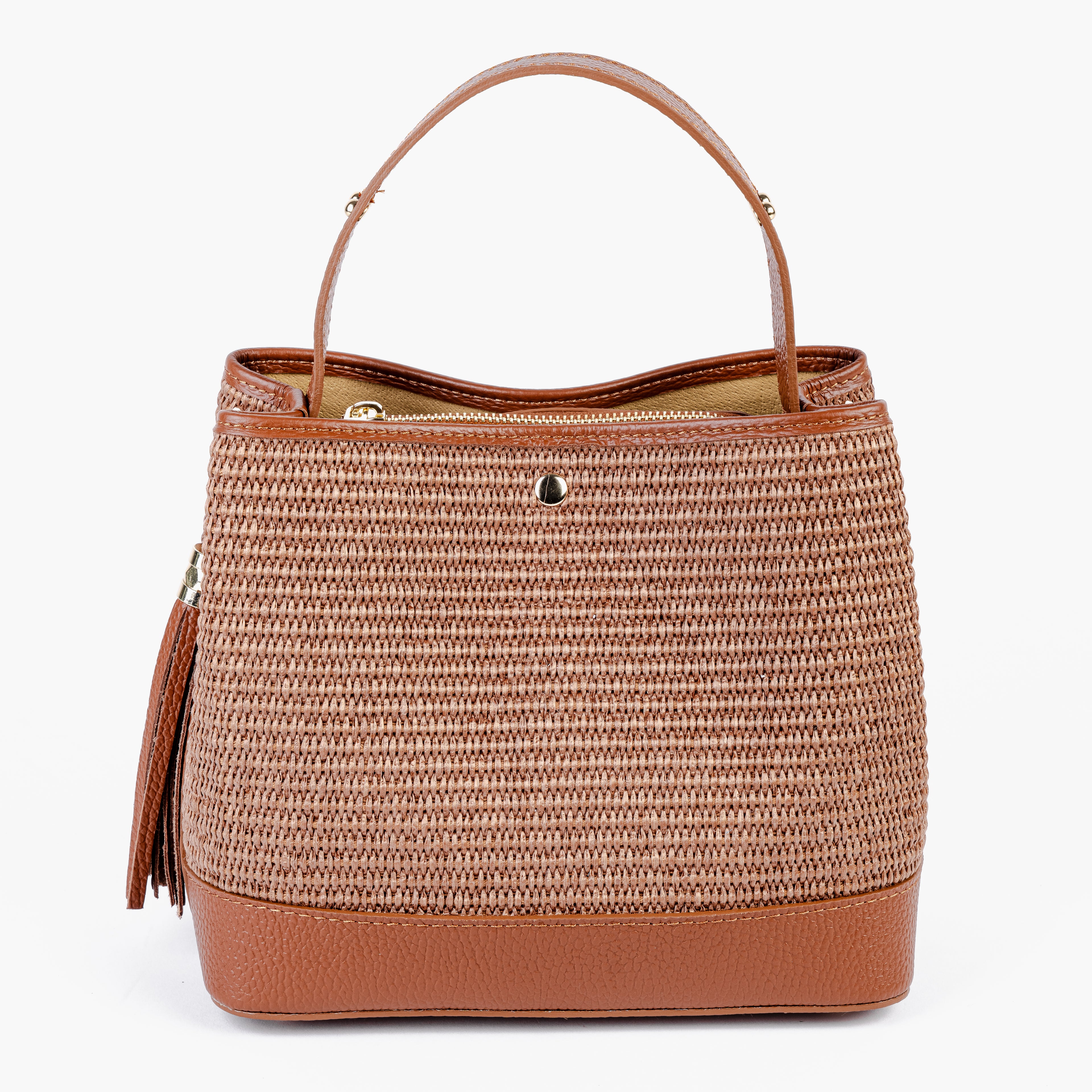 ARVÉRO Siena Bucket – Raffia & Cognac Italian Leather