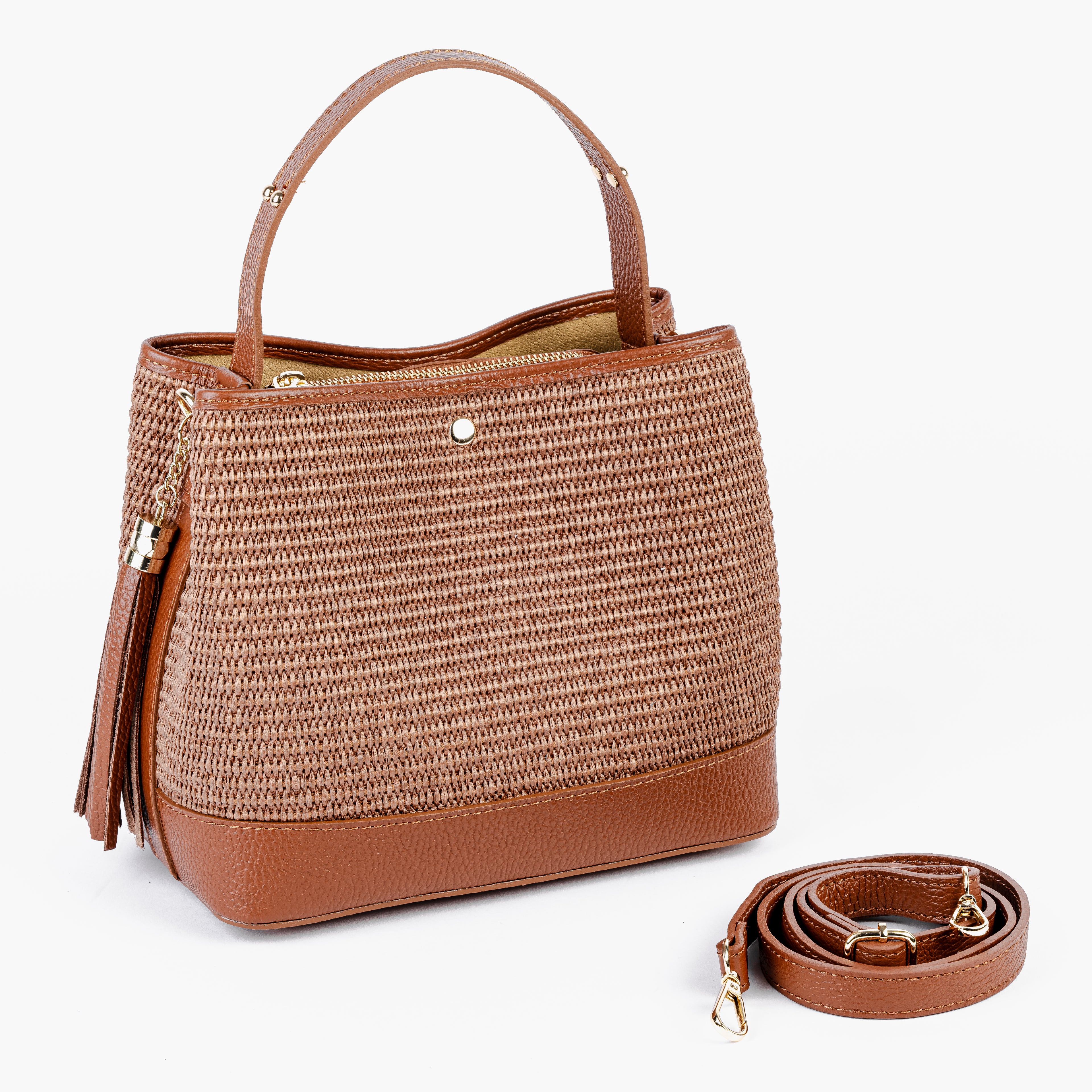ARVÉRO Siena Bucket – Raffia & Cognac Italian Leather