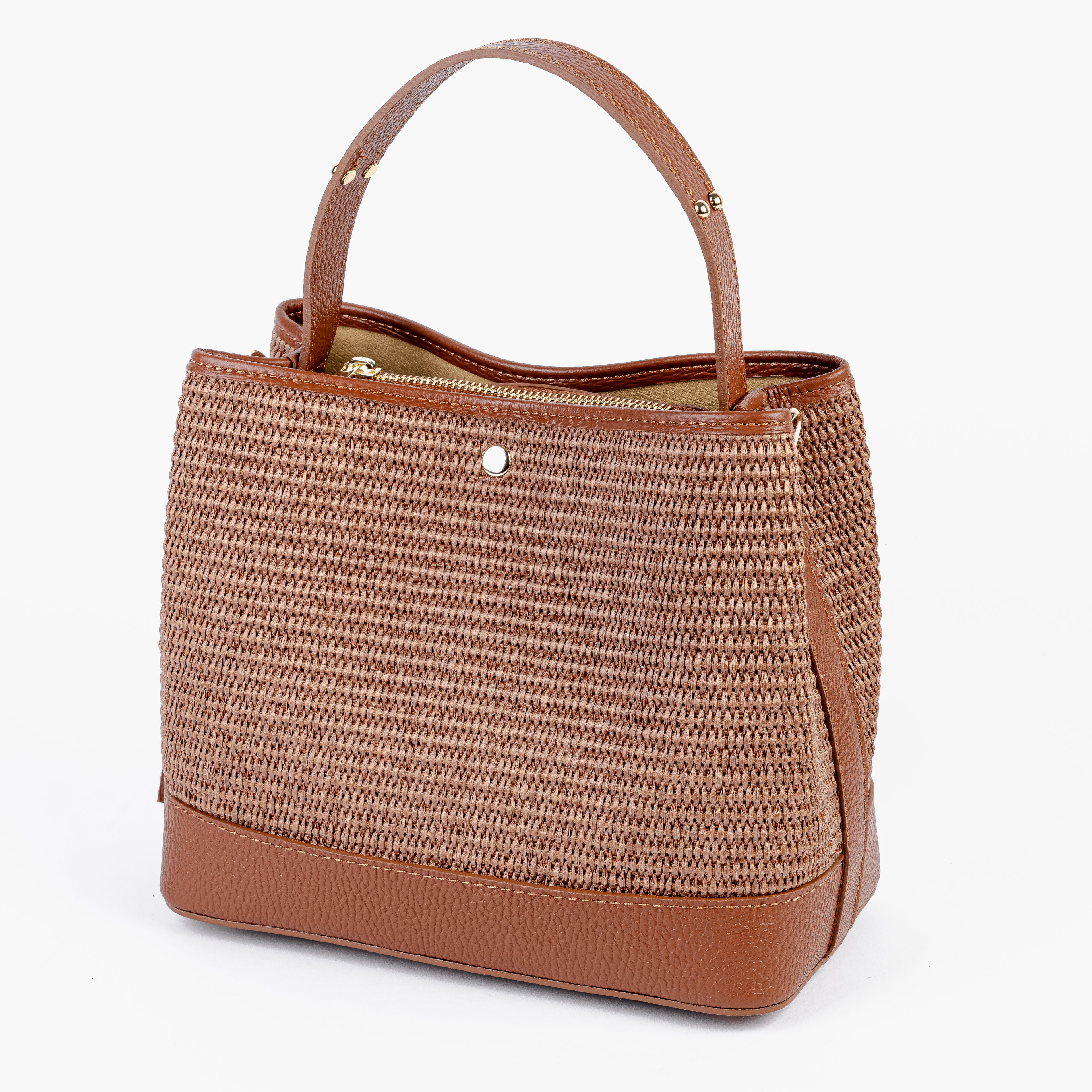 ARVÉRO Siena Bucket – Raffia & Cognac Italian Leather