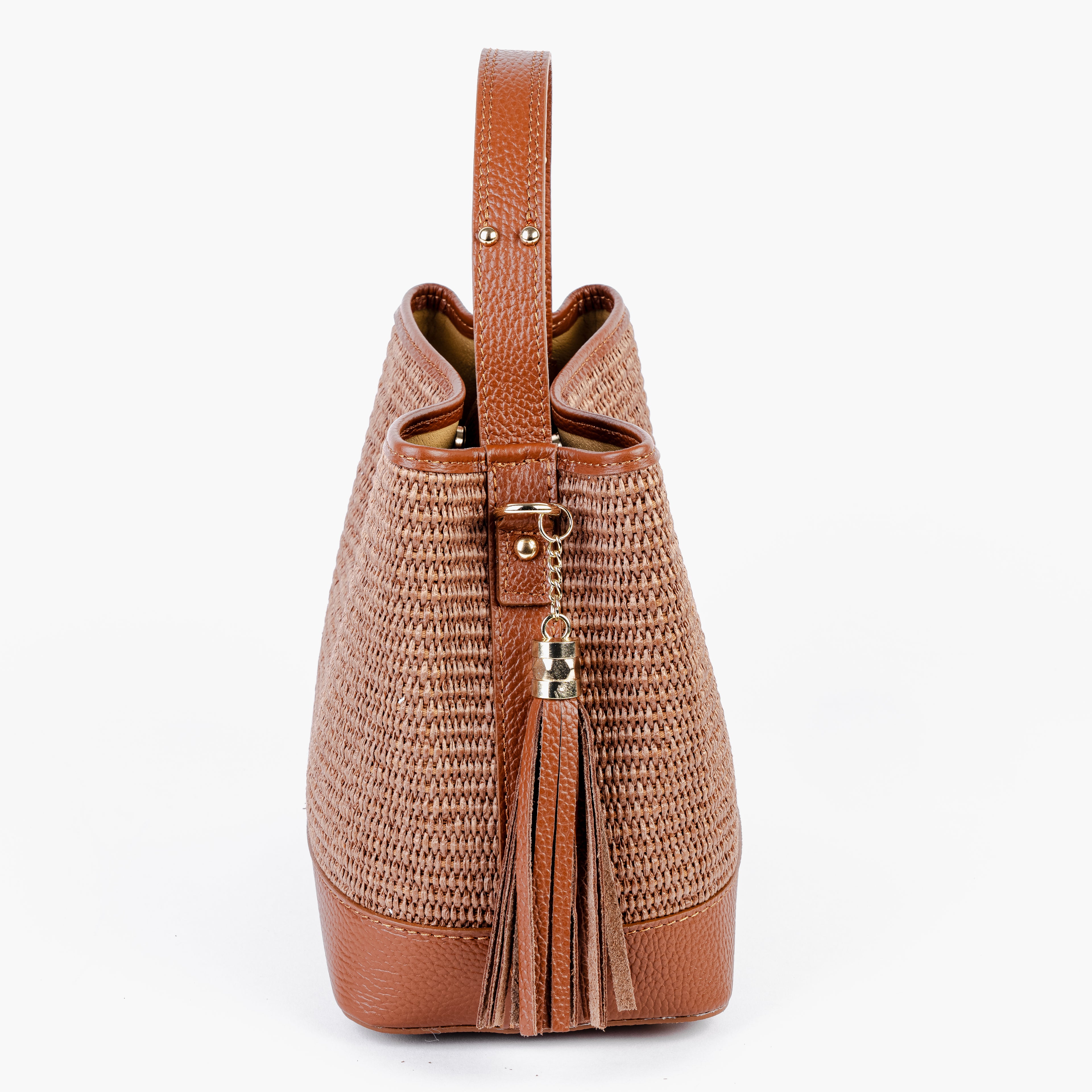 ARVÉRO Siena Bucket – Raffia & Cognac Italian Leather