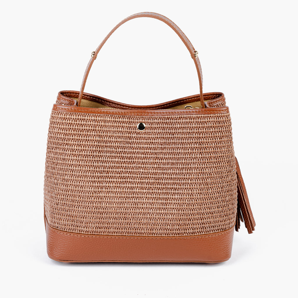 ARVÉRO Siena Bucket – Raffia & Cognac Italian Leather