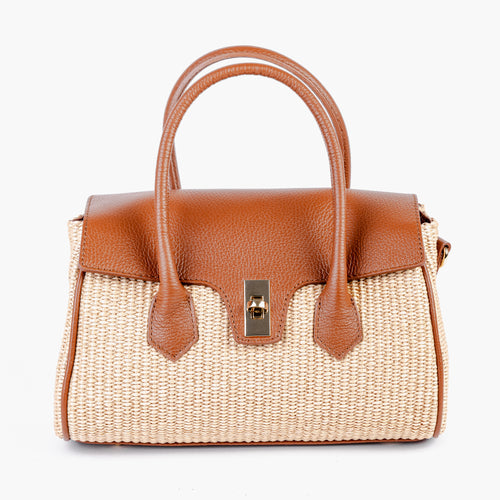 Firenze Satchel in natural handwoven Italian raffia with leather trim by ARVÉRO