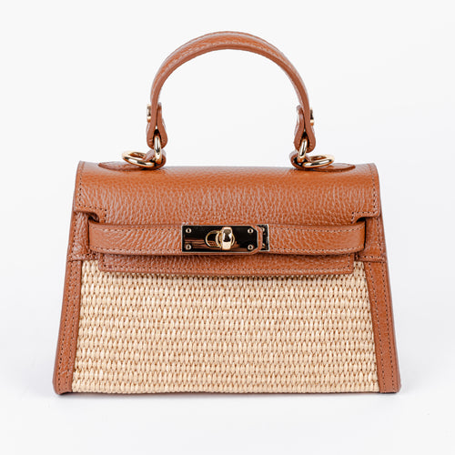 Mini Firenze in cognac raffia with a cognac Italian leather frame and gold-tone hardware by ARVÉRO