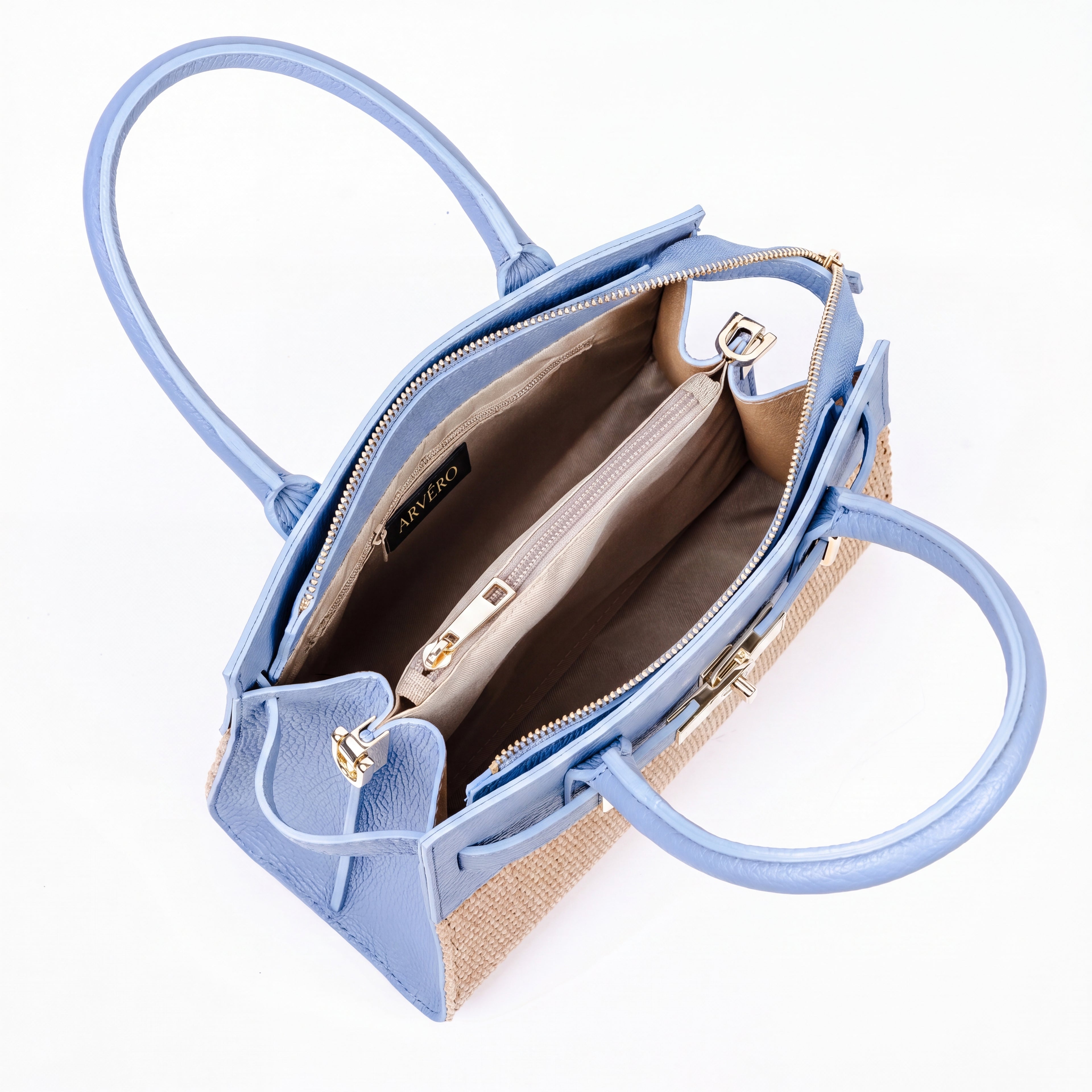 ARVÉRO Mini Riviera – Sky Blue Raffia & Italian Leather