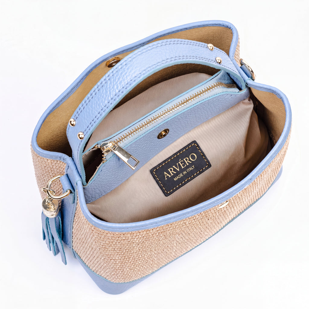 ARVÉRO Capri Tote – Sky Blue Raffia & Italian Leather